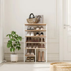 White MDF shoe cabinet with multiple open tiers for pairs of shoes