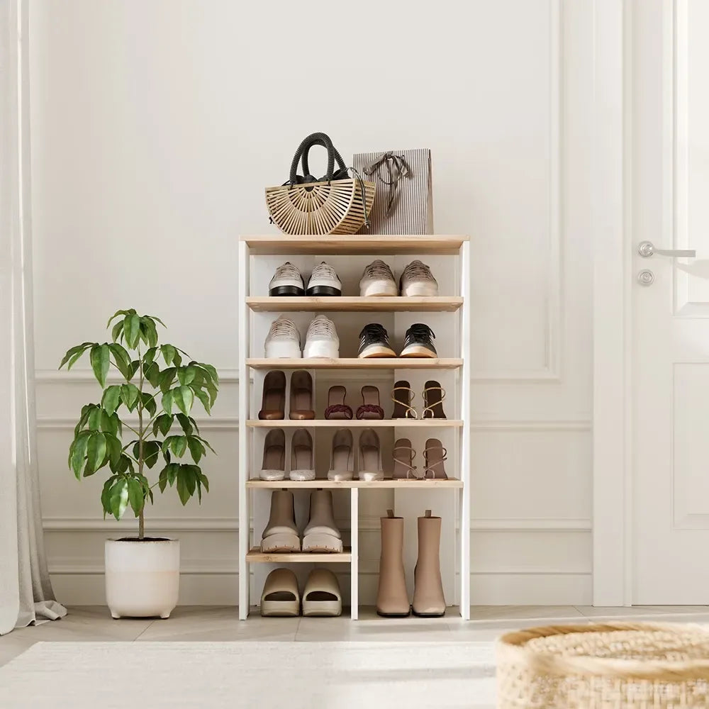 White MDF shoe cabinet with multiple open tiers for pairs of shoes