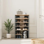 Shoe organizer cabinet, MDF, light top and dark frame, stacked open shelves
