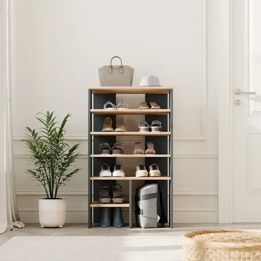 Shoe organizer cabinet, MDF, light top and dark frame, stacked open shelves