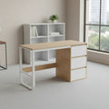 Wood-top desk with white metal frame, open shelves and 3 drawers, 120x50cm