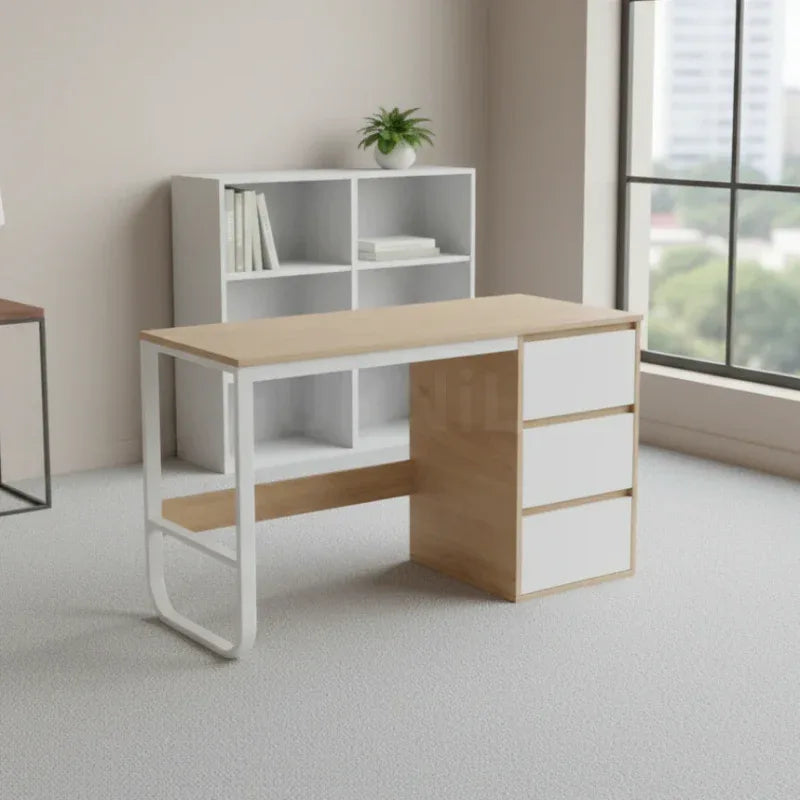 Wood-top desk with white metal frame, open shelves and 3 drawers, 120x50cm