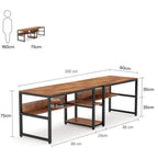 Desk dimensions 200x60x75cm, wood top with black metal frame and storage shelves