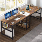 Wood-look desk with black metal frame, open shelves, spacious tabletop, 200x60cm