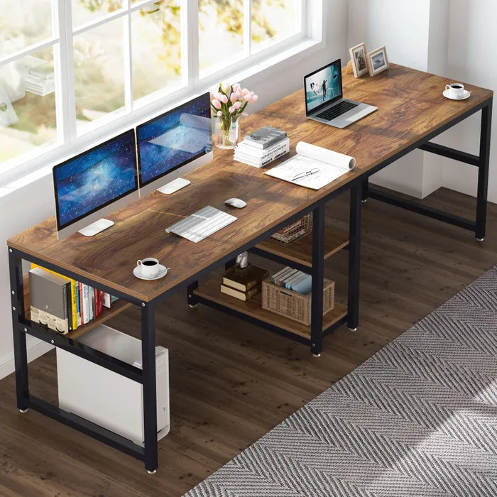 Wood-look desk with black metal frame, open shelves, spacious tabletop, 200x60cm