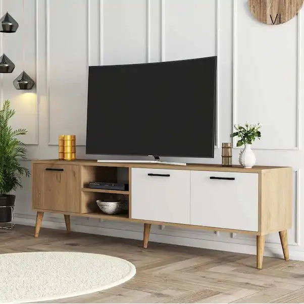 TV table with light wood sides, white cabinet doors, and center open media bay