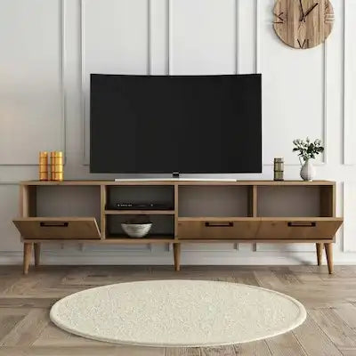TV table with three open compartments and side drawers, light oak MDF, 180cm