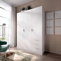 White MDF wardrobe with three-panel doors and bottom drawers