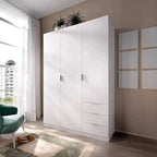 White MDF wardrobe with three-panel doors and bottom drawers