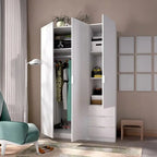 White MDF wardrobe open with hanging rail, shelves, and drawer storage