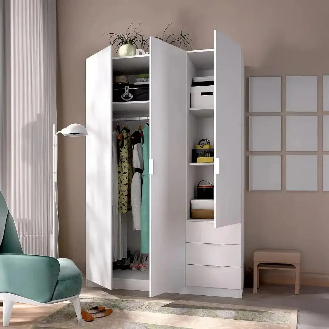 White MDF wardrobe open with hanging rail, shelves, and drawer storage