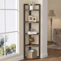 Tall narrow bookcase with dark metal frame and open MDF shelves