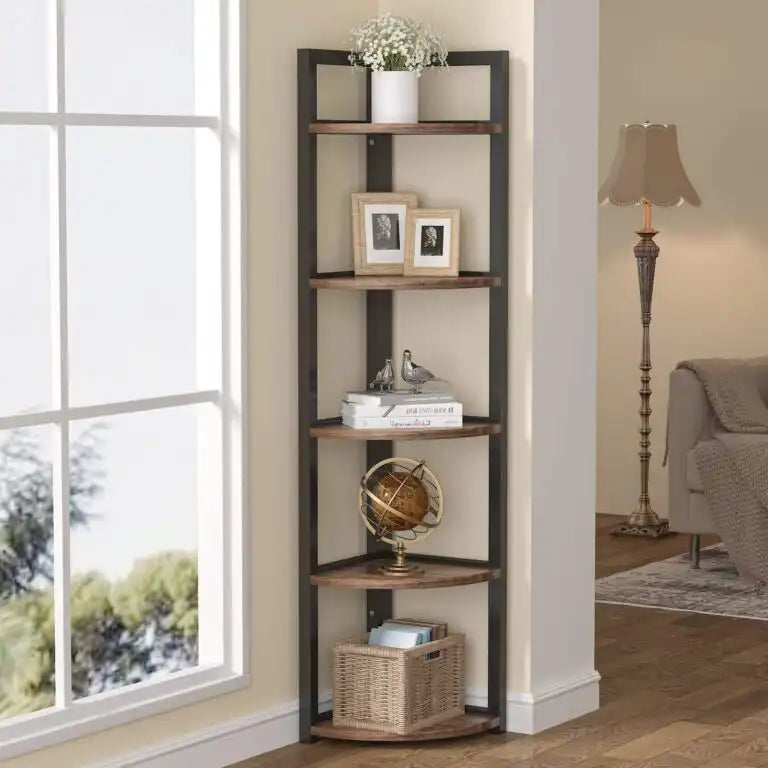 Tall narrow bookcase with dark metal frame and open MDF shelves