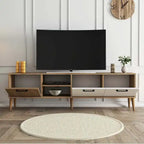 TV table with mix of drawers and open compartments in light wood and white finish