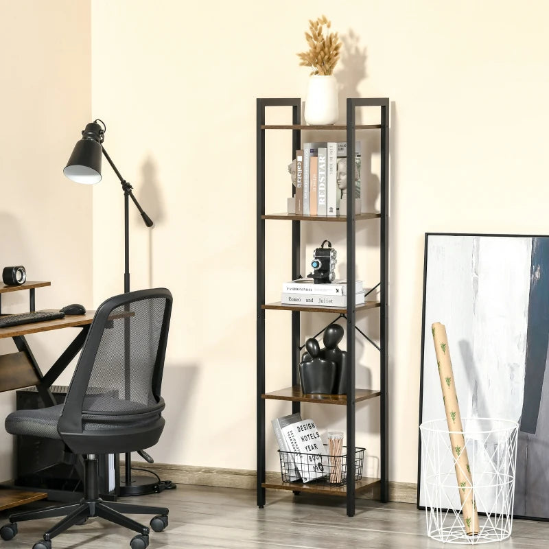 Black metal bookshelf with open shelves for books and decor, rustic wood panels