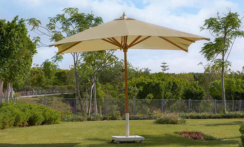 Beige patio umbrella with open canopy and sturdy pole