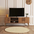 Light wood MDF TV table with two cabinet doors and center media shelf, tapered legs