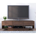 MDF TV table with dark wood finish, three front compartments for media devices