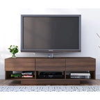 MDF TV table with dark wood finish, three front compartments for media devices