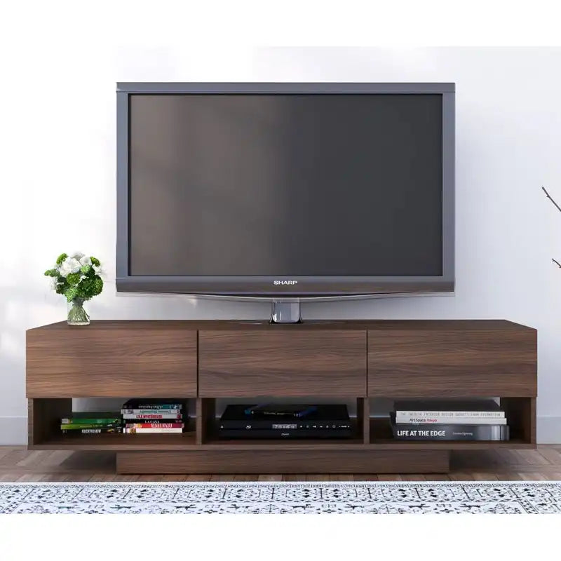 MDF TV table with dark wood finish, three front compartments for media devices