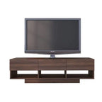 MDF TV table in dark wood finish, open center shelf with side bays