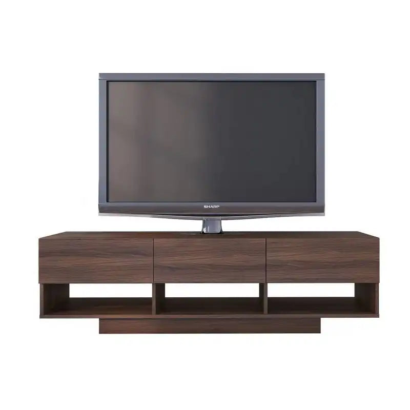 MDF TV table in dark wood finish, open center shelf with side bays