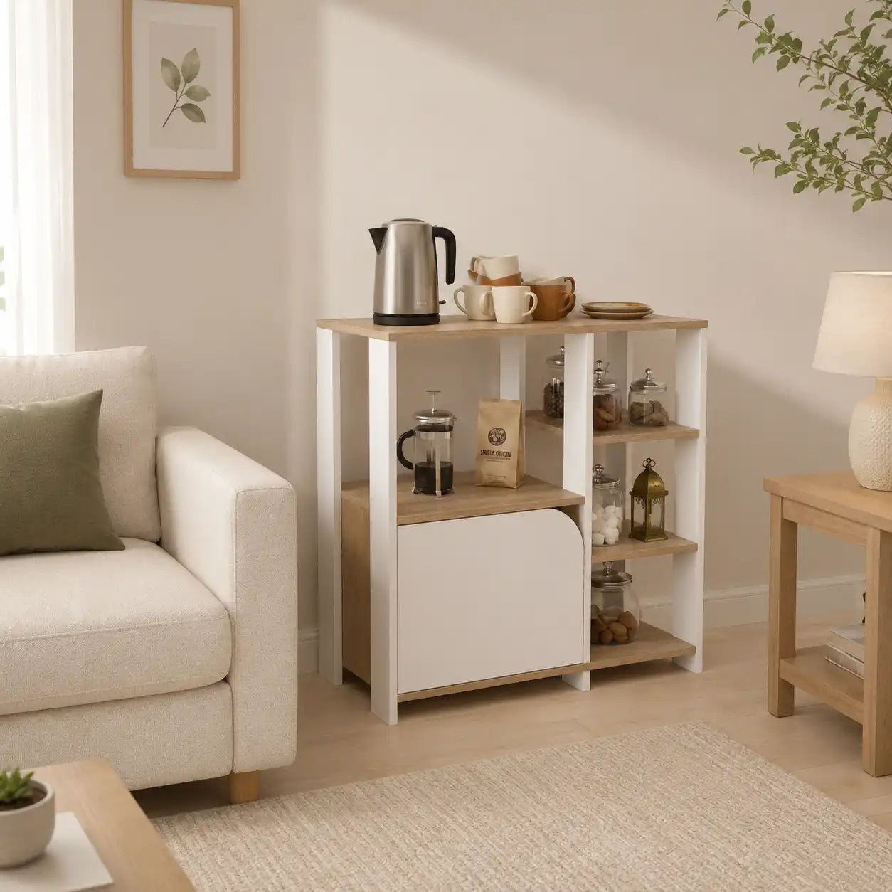 VARELIA coffee corner cabinet, white MDF with shelves and cabinet door, 80x40x90cm