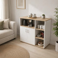 Coffee corner cabinet with light wood top, white doors and open shelves, MDF, 90x40x85cm