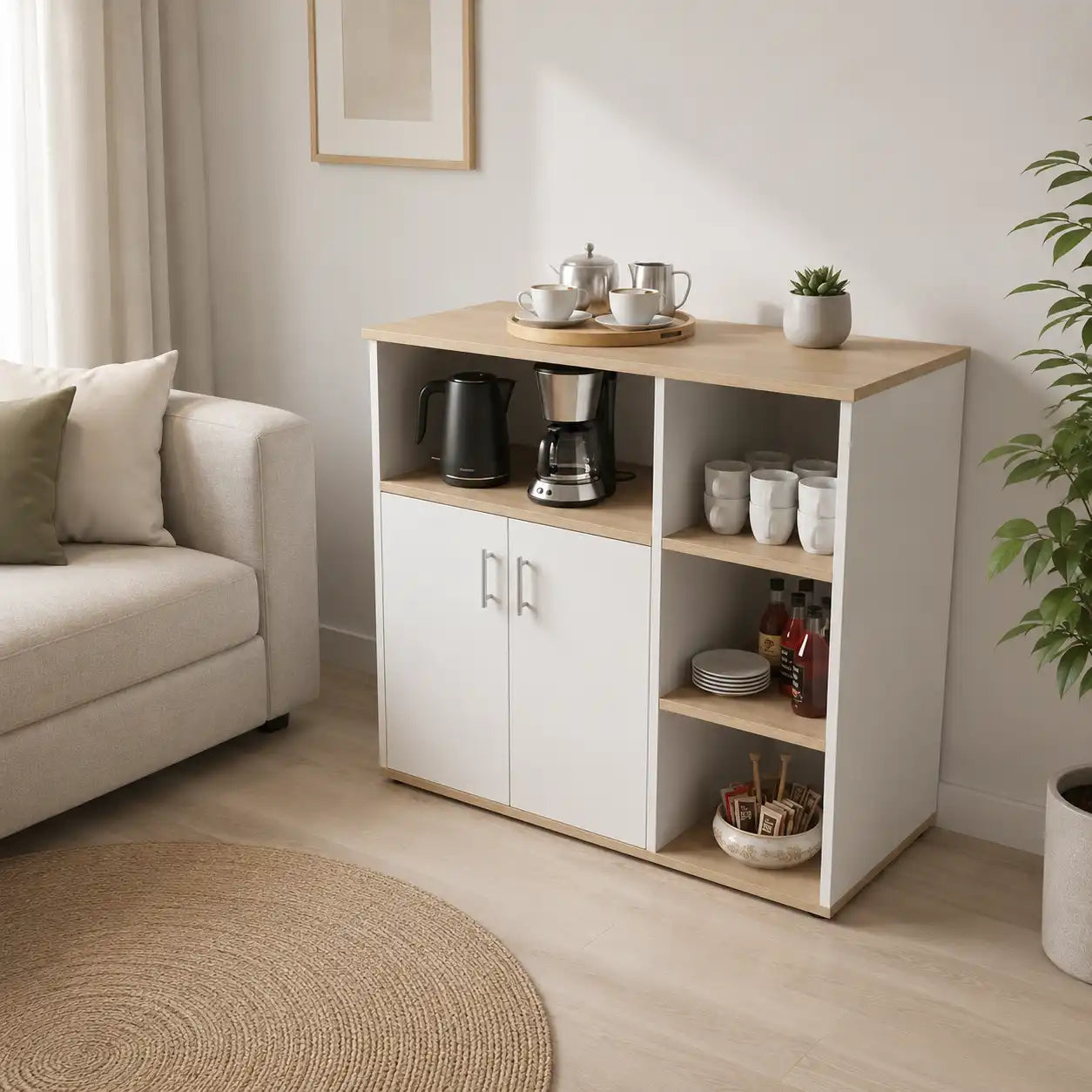 Coffee corner cabinet with light wood top, white doors and open shelves, MDF, 90x40x85cm