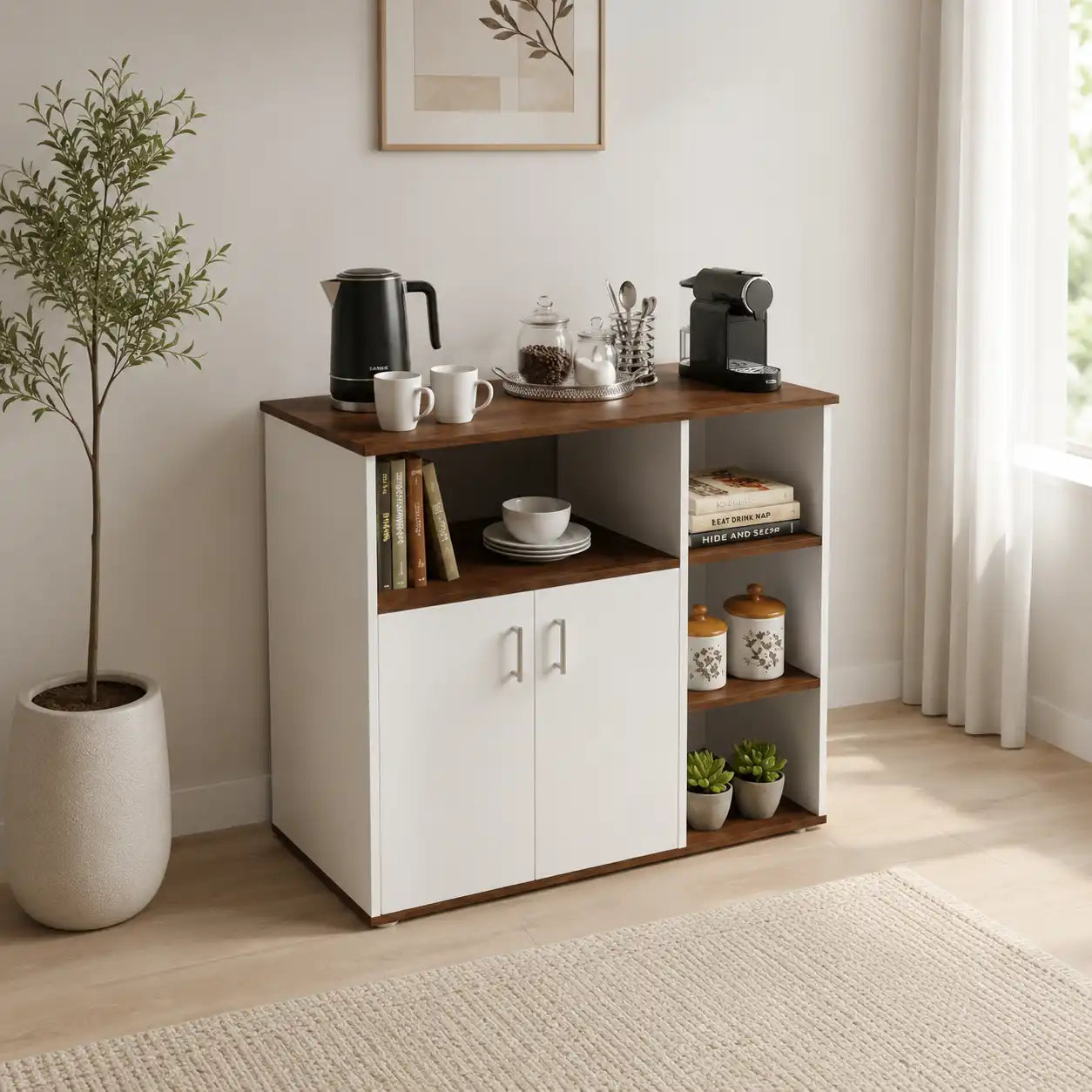 VIOLA coffee corner cabinet with wood top, white doors, and open shelves for cups