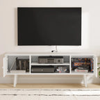 TV table with open media shelves and side cabinets, light MDF, cable-ready back cutout