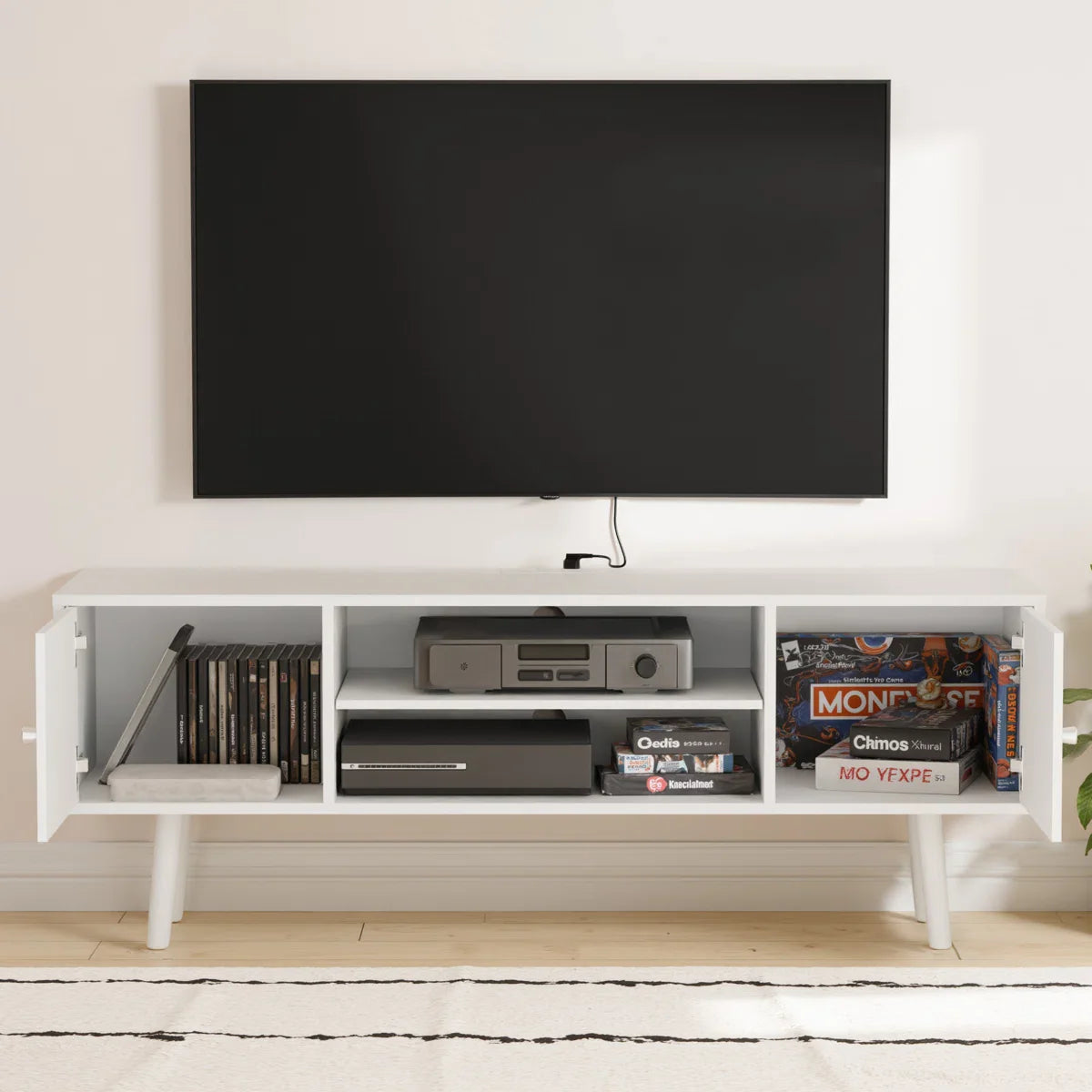 TV table with open media shelves and side cabinets, light MDF, cable-ready back cutout