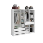 White dressing cabinet front view with hanging rods, open cubbies, and 2 drawers