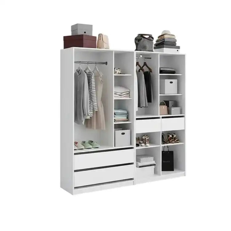 White dressing cabinet front view with hanging rods, open cubbies, and 2 drawers