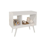 White coffee corner sideboard with two open cubbies and tapered legs, MDF