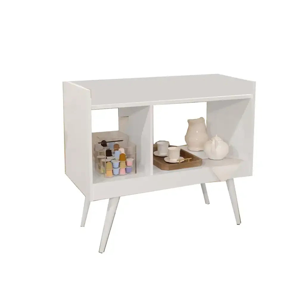 White coffee corner sideboard with two open cubbies and tapered legs, MDF
