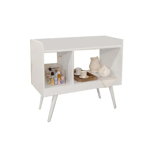 White coffee corner sideboard with two open cubbies and tapered legs, MDF