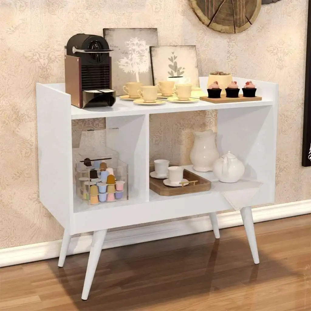 White MDF coffee corner cabinet with open shelves for cups, pots, and accessories