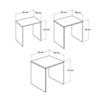 3-piece MDF nesting side table dimensions diagram with measured heights and widths