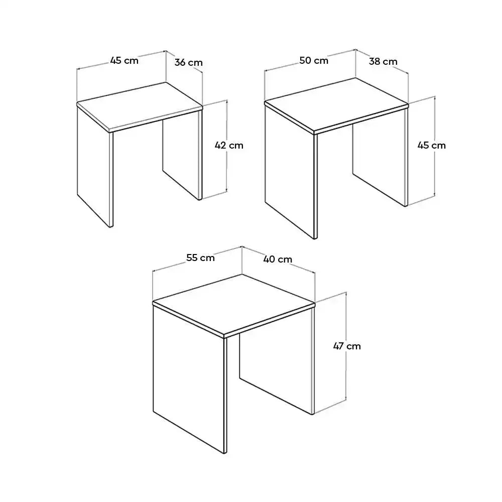 3-piece MDF nesting side table dimensions diagram with measured heights and widths