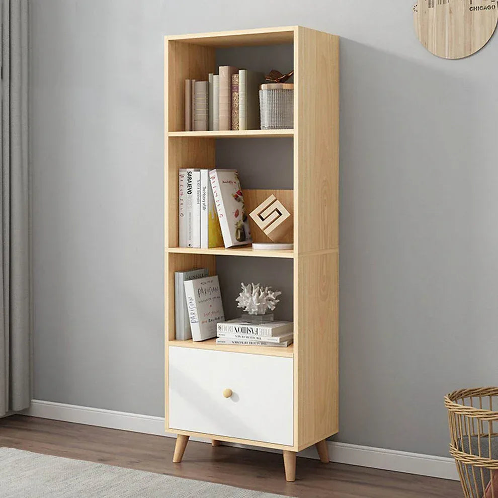 Light wood modern bookcase with open shelves and a bottom cabinet drawer door
