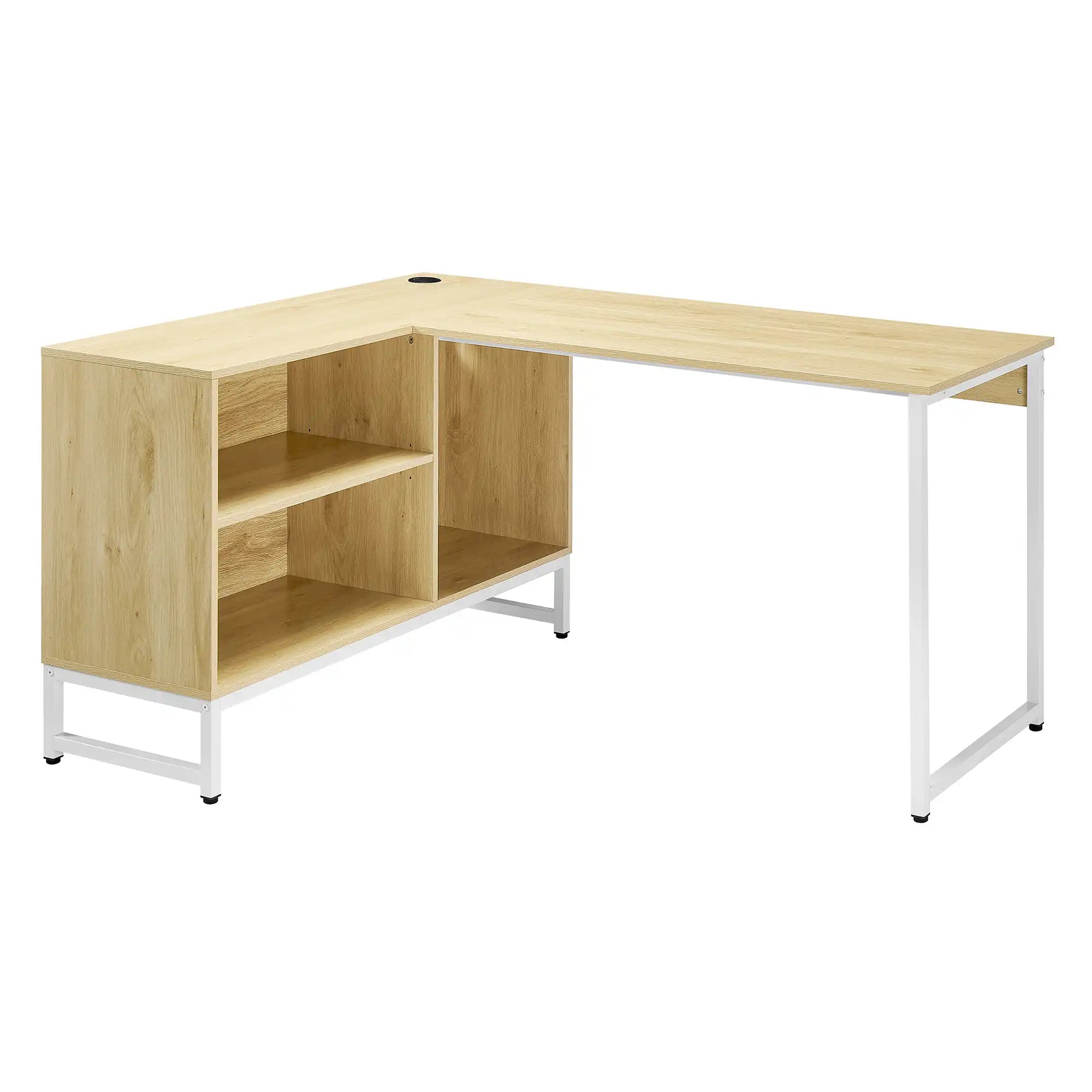 L-shape corner desk with open bookshelf storage and light wood panel