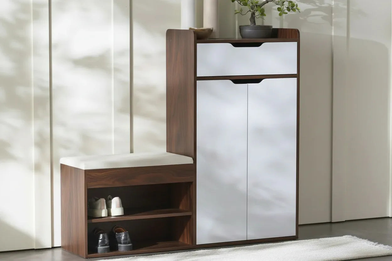 Shoe cabinet with top drawer, two doors closed, plus open shoe bench shelf