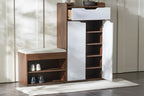 Shoe cabinet with top drawer and open doors showing shelves; open shoe bench