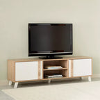 Light wood TV table with open center shelves and two white cabinet doors
