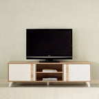 Light wood TV table with two white doors and central open shelves for media