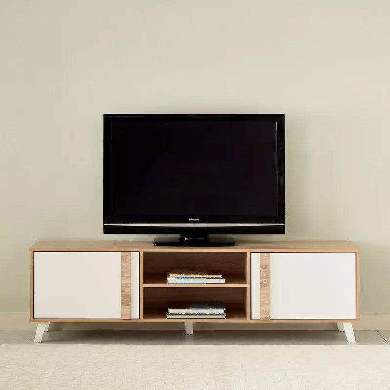 Light wood TV table with two white doors and central open shelves for media