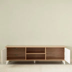 Low TV stand with central open storage and two side white cabinet doors