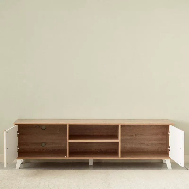 Low TV stand with central open storage and two side white cabinet doors