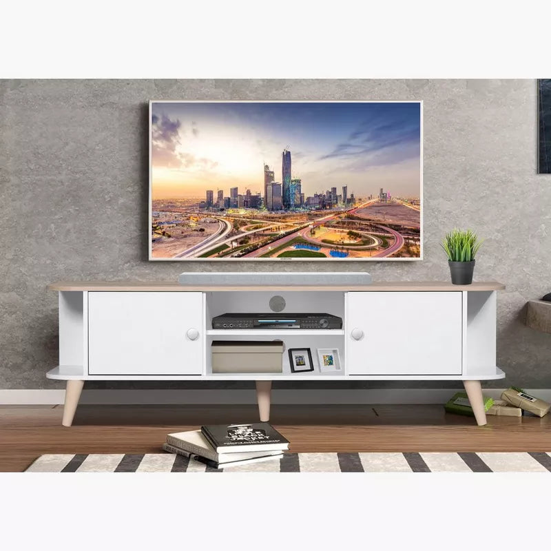 White MDF TV table with light wood top, 2 drawers, 2 side doors, open media shelf